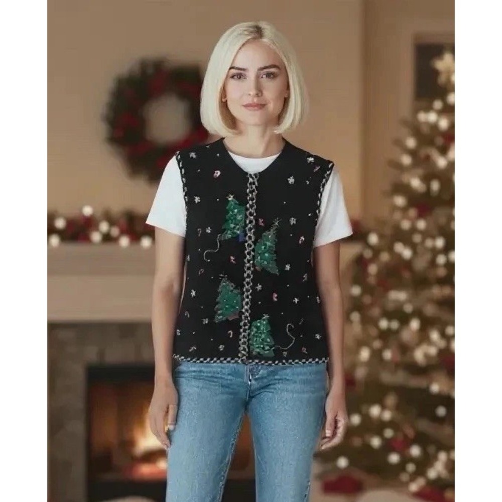 Studio Joy Women's Black Sleeveless Christmas Vest Full Zipper Sz  Large Trees